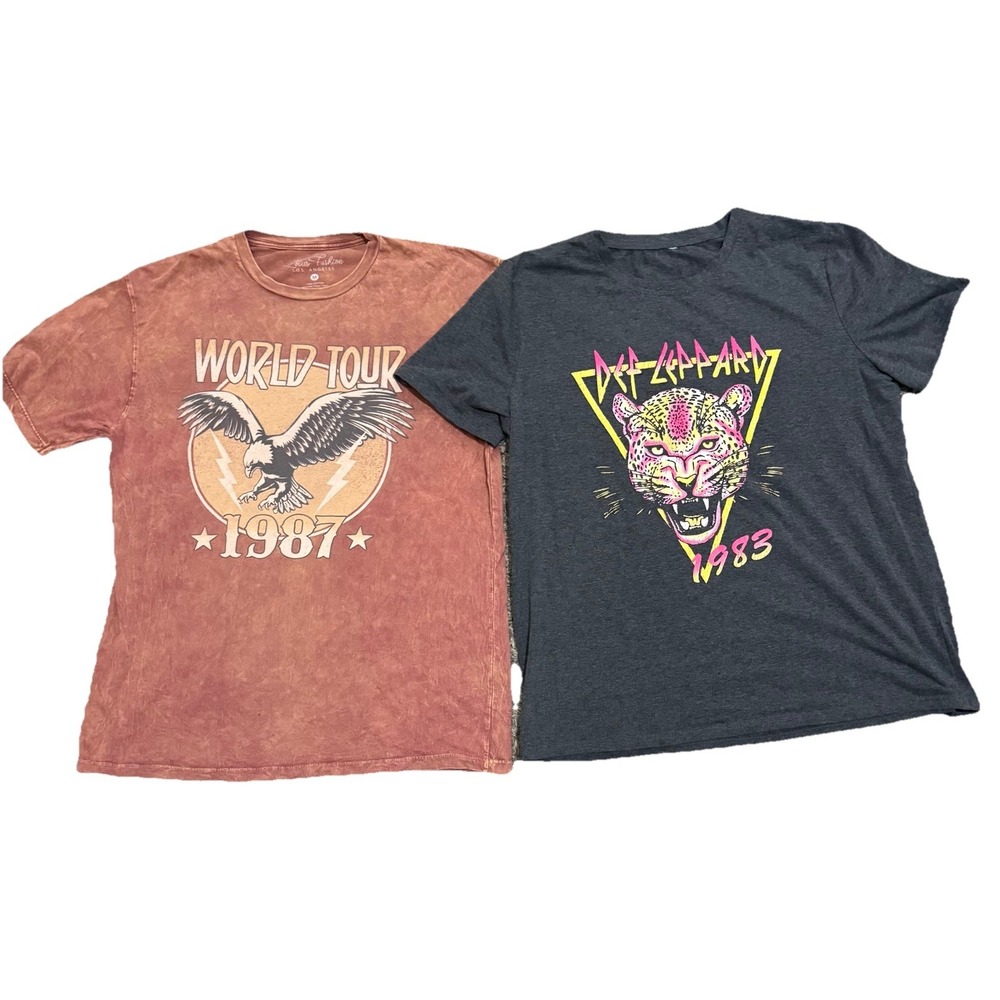 Lot of 2 Women's Graphic Band Tees‎ M – Def Leppard & World Tour Neon Rock Metal